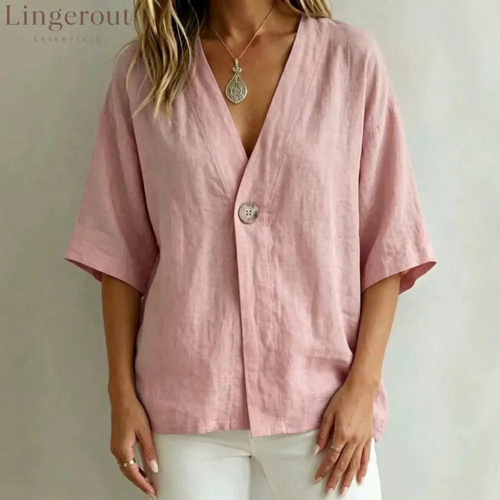 Relaxed Linen V-Neck Button-Front Shirt - Pink / S