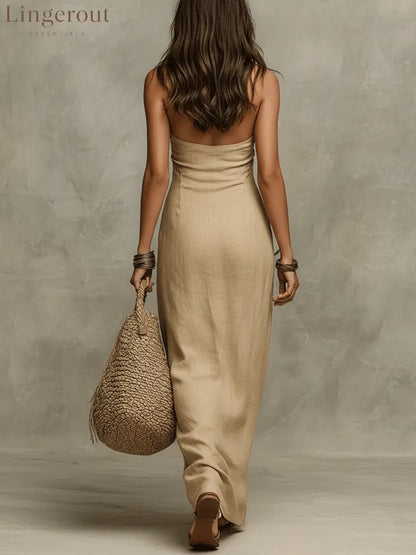Relaxed Soft Drape Halter Column Linen Halter Maxi Dress