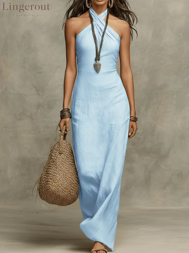 Relaxed Soft Drape Halter Column Linen Halter Maxi Dress - Light Blue / XS
