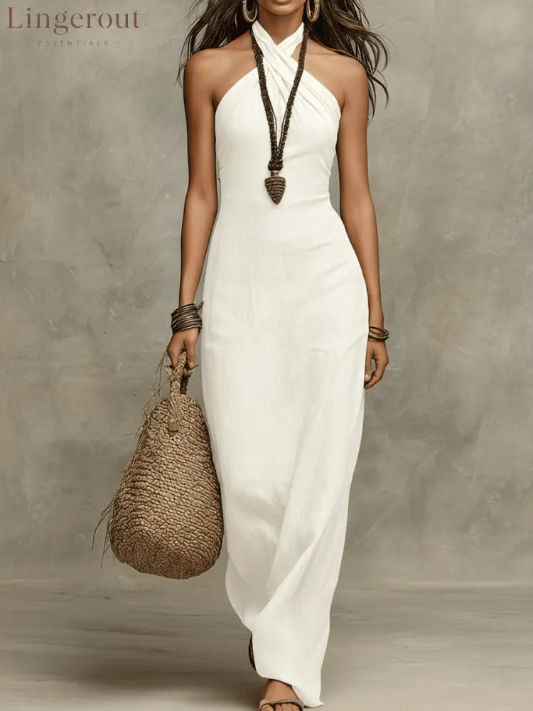 Relaxed Soft Drape Halter Column Linen Halter Maxi Dress - White / XS