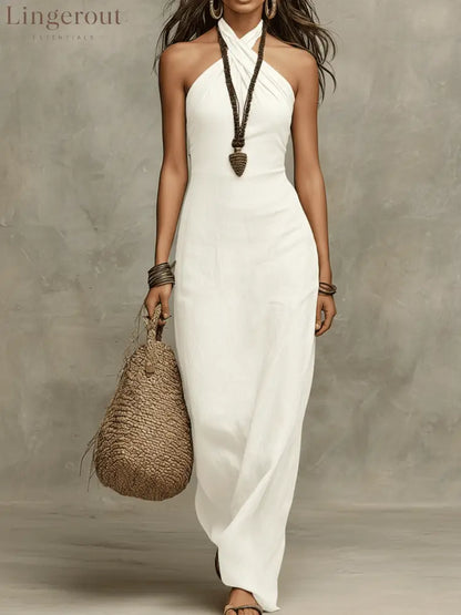 Relaxed Soft Drape Halter Column Linen Halter Maxi Dress - White / XS