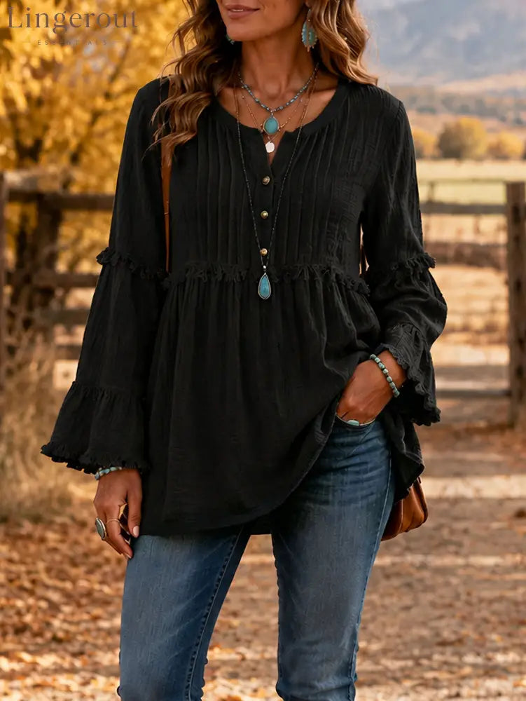 Relaxed Texture Ruffle Top - Black / S
