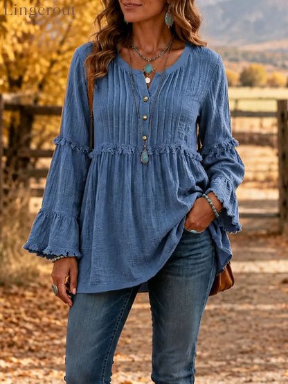 Relaxed Texture Ruffle Top - Blue / S