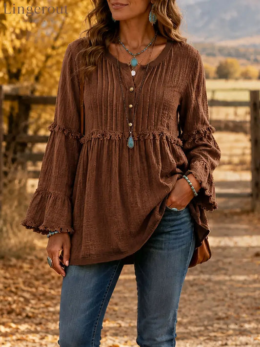 Relaxed Texture Ruffle Top - Brown / S
