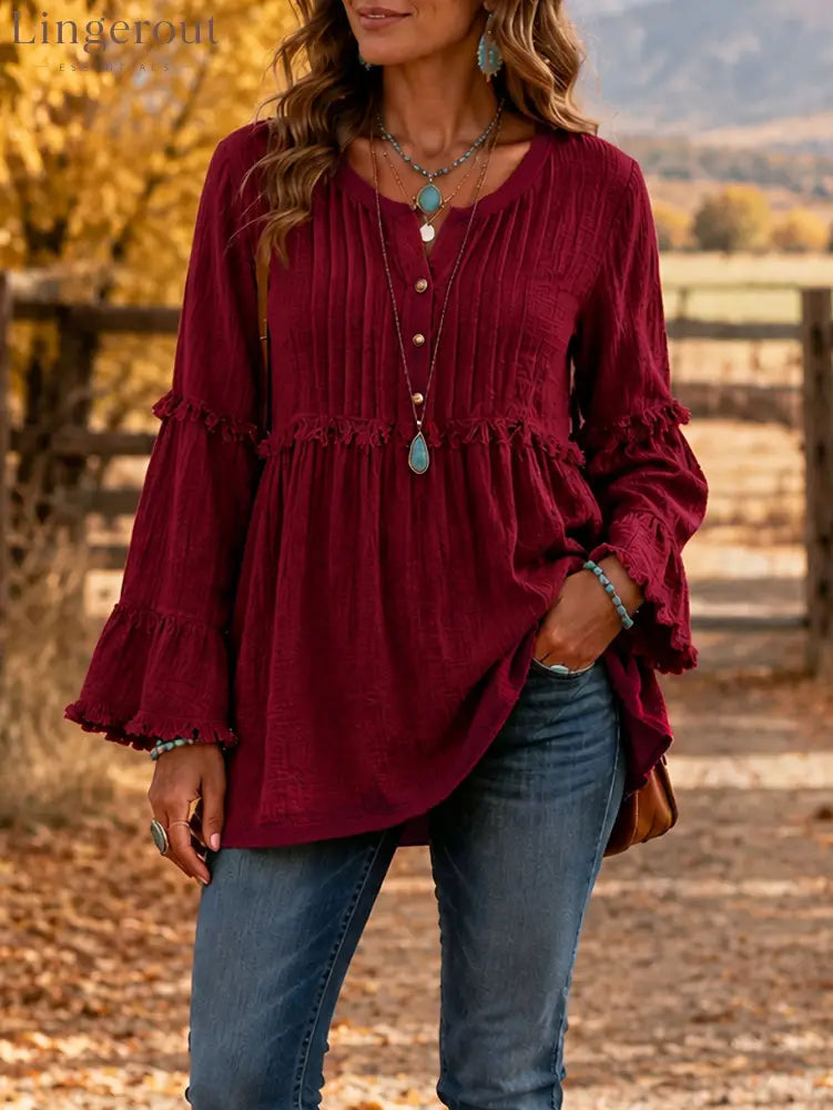 Relaxed Texture Ruffle Top - Burgundy / S