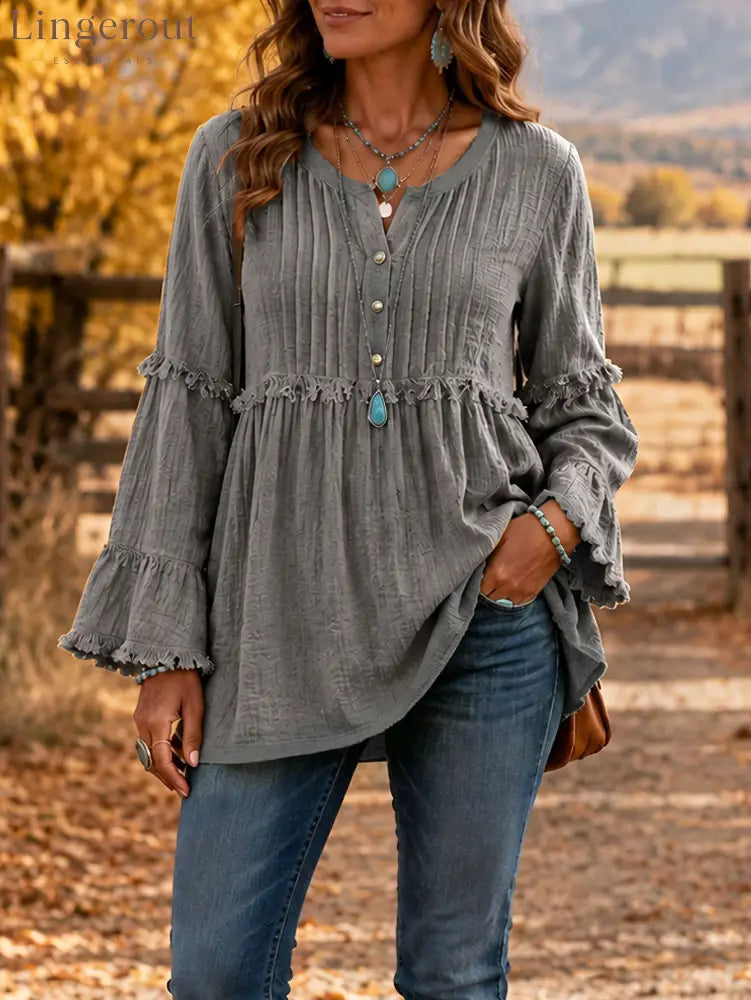 Relaxed Texture Ruffle Top - Grey / S