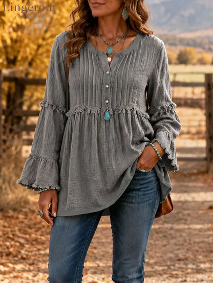 Relaxed Texture Ruffle Top - Grey / S