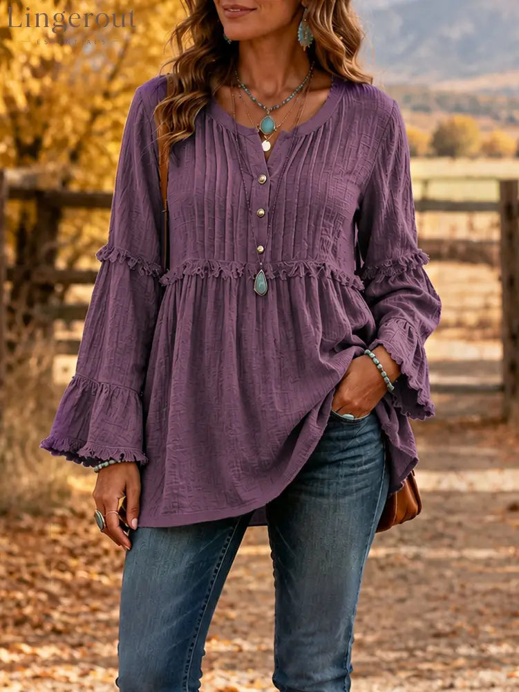 Relaxed Texture Ruffle Top - Purple / S