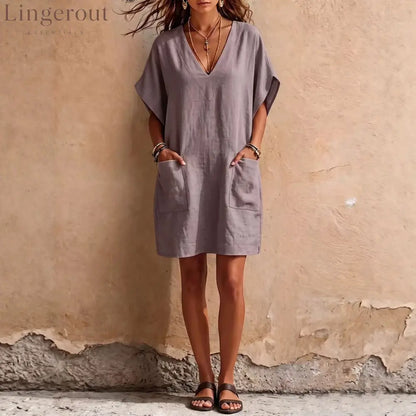 Relaxed V-Neck Linen Mini Dress with Pockets