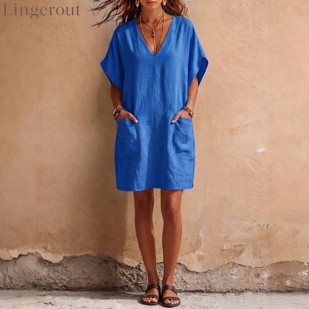 Relaxed V-Neck Linen Mini Dress with Pockets