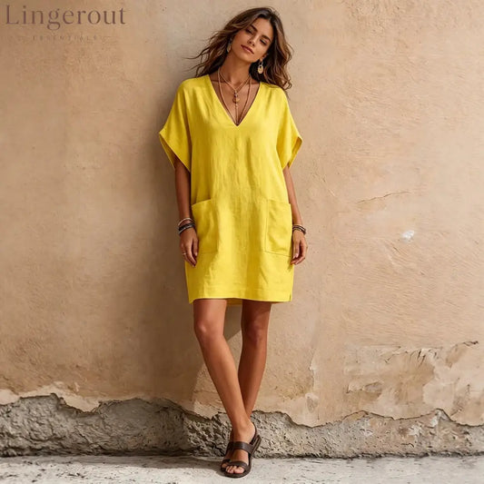 Relaxed V-Neck Linen Mini Dress with Pockets - Yellow / S