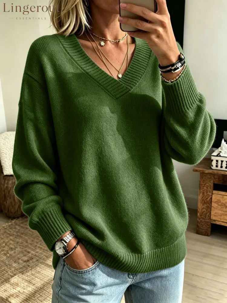 Relaxed V-Neck Long Sleeve Knit Sweater - Army green / S