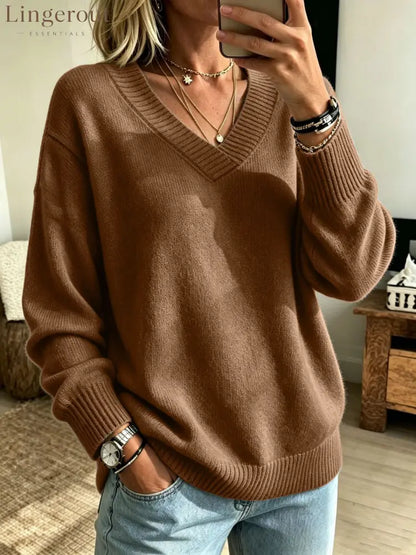 Relaxed V-Neck Long Sleeve Knit Sweater - Brown / S