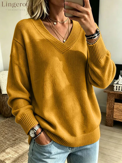 Relaxed V-Neck Long Sleeve Knit Sweater - Yellow / S