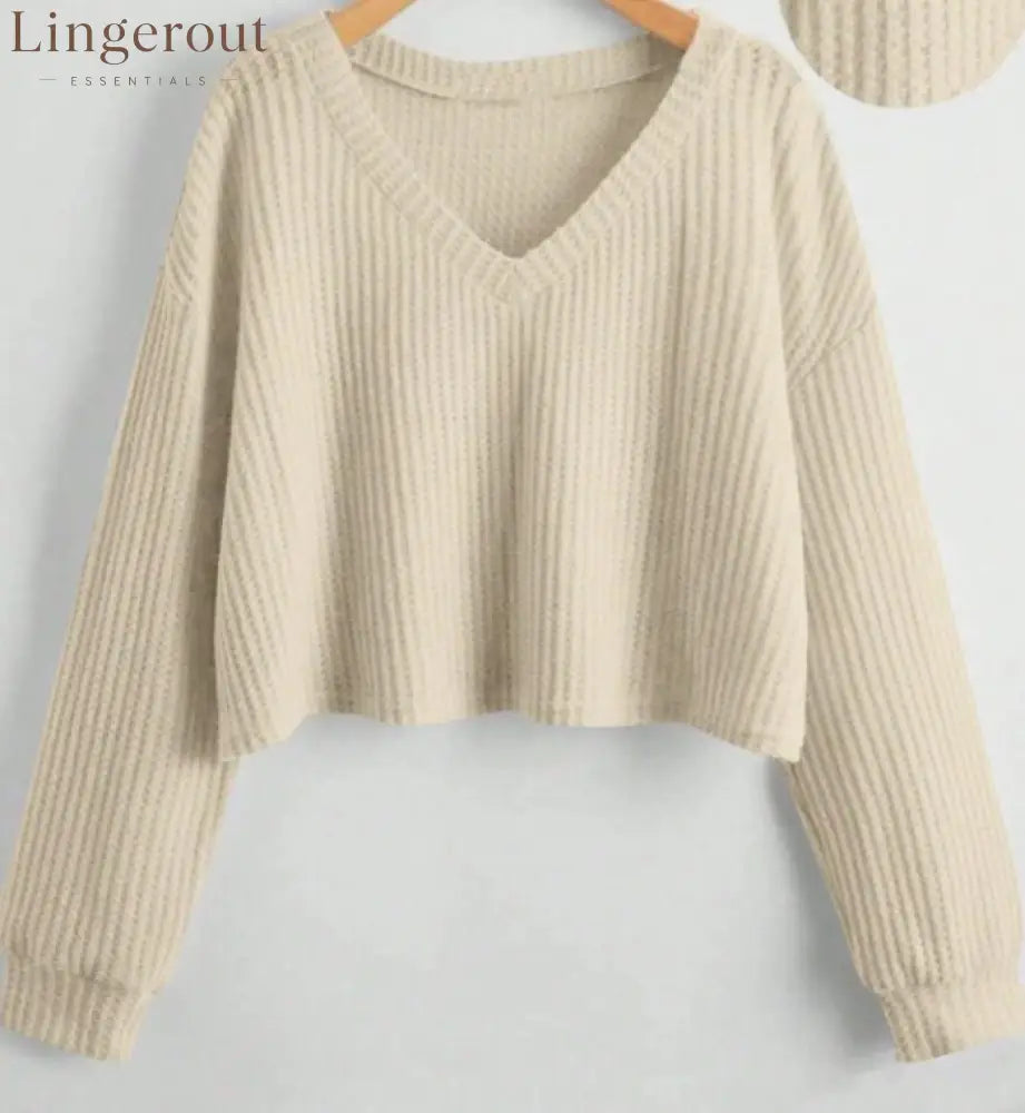 Relaxed V-Neck Ribbed Crop Top - Apricot / S