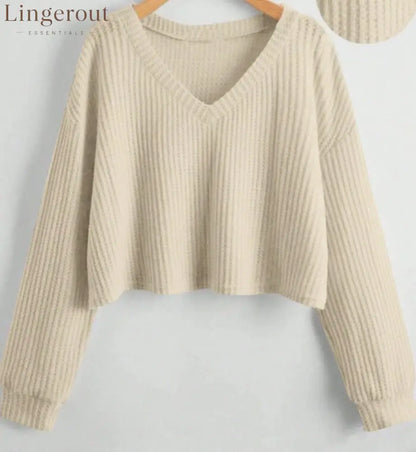 Relaxed V-Neck Ribbed Crop Top - Apricot / S