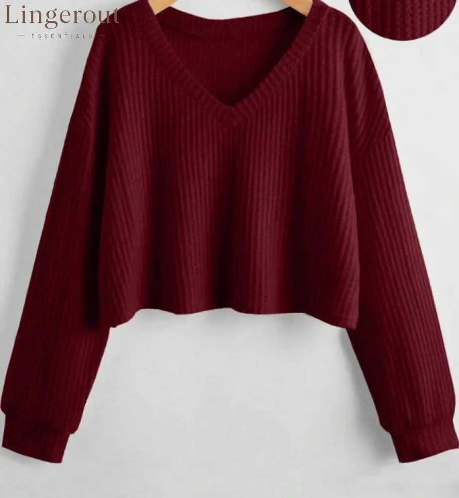 Relaxed V-Neck Ribbed Crop Top - Claret / XL