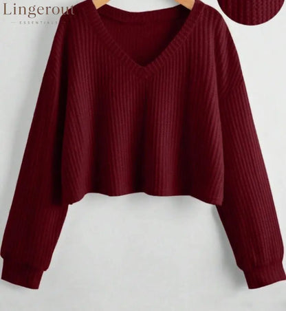 Relaxed V-Neck Ribbed Crop Top - Claret / XL