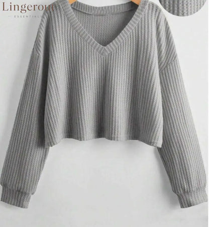 Relaxed V-Neck Ribbed Crop Top - Grey / XL
