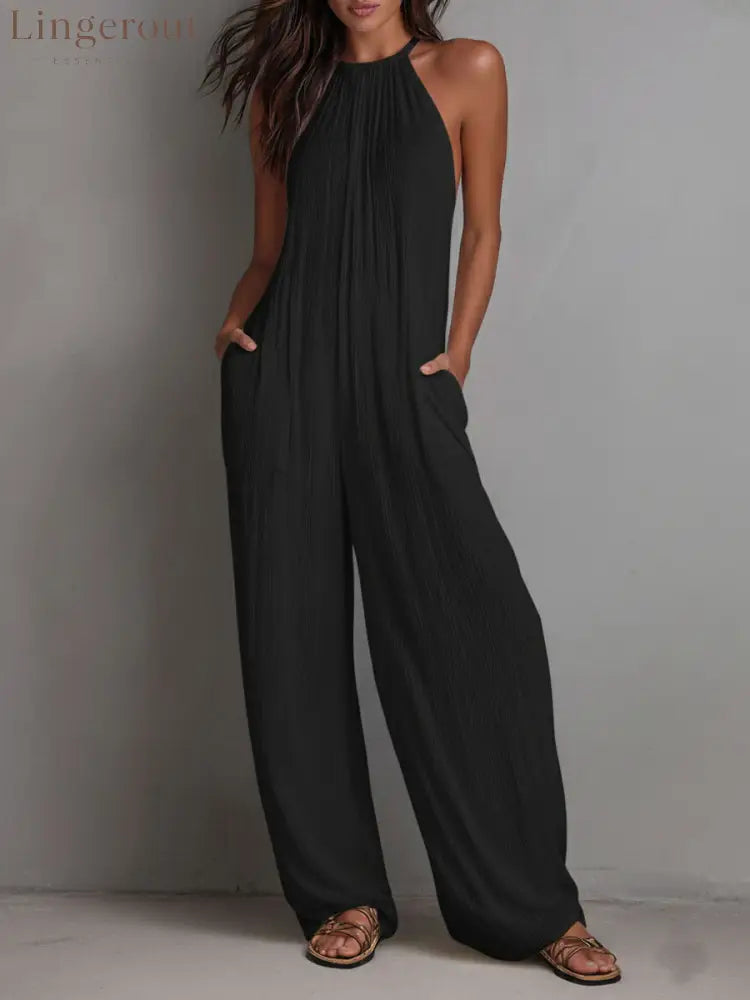 Resort White Pleated Halter Wide-Leg One-Piece Jumpsuit - Black / XS