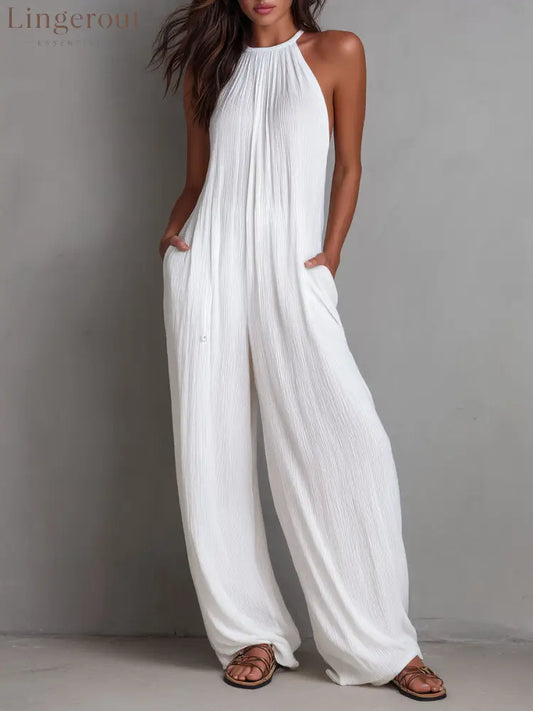Resort White Pleated Halter Wide-Leg One-Piece Jumpsuit - White / XS