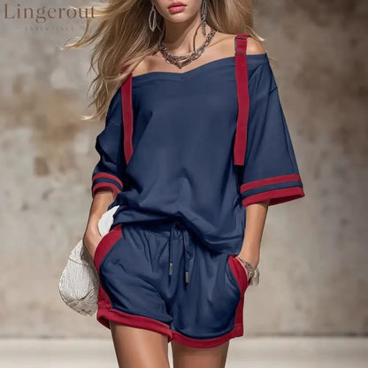 Retro Color-blocked Off-shoulder Short-sleeved T-shirt And Shorts Set - Dark blue / S