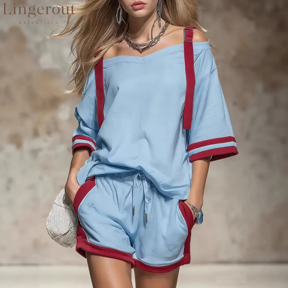 Retro Color-blocked Off-shoulder Short-sleeved T-shirt And Shorts Set - Sky blue / S