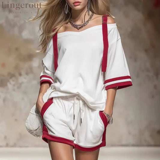 Retro Color-blocked Off-shoulder Short-sleeved T-shirt And Shorts Set - White / S