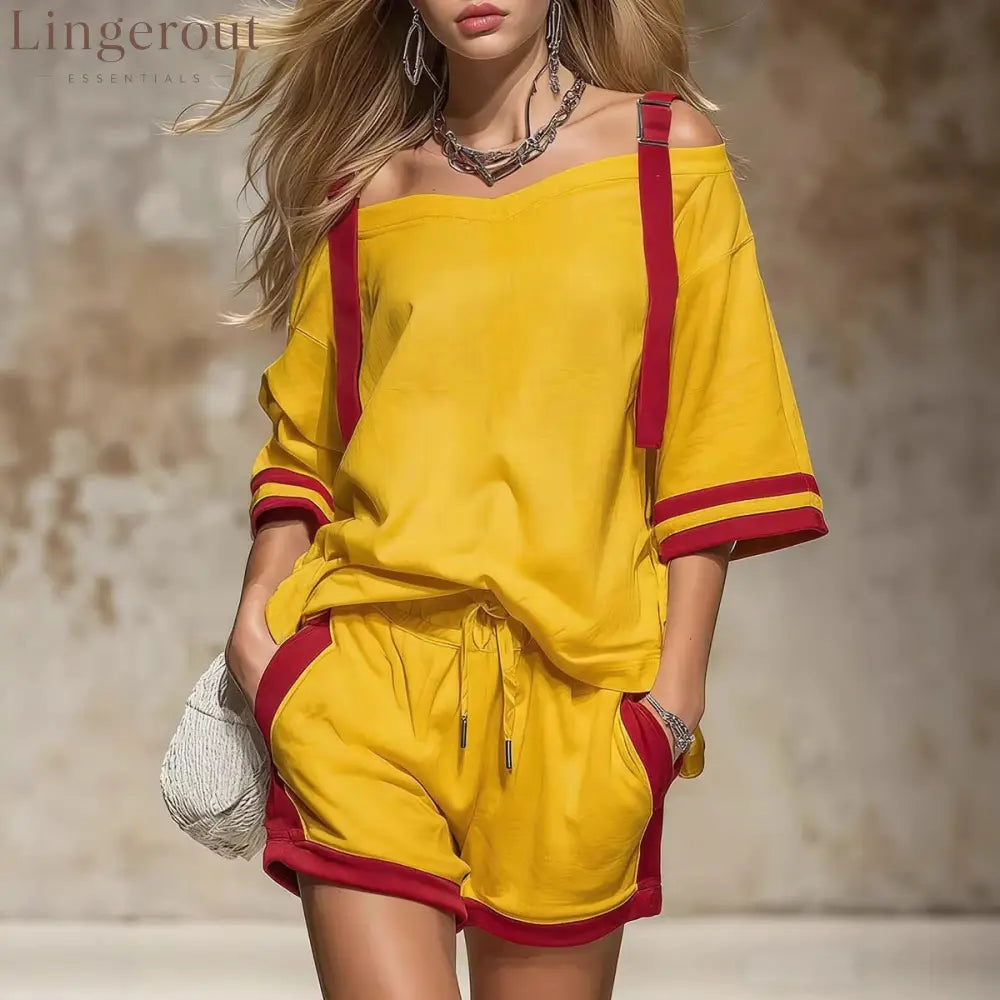 Retro Color-blocked Off-shoulder Short-sleeved T-shirt And Shorts Set - Yellow / S