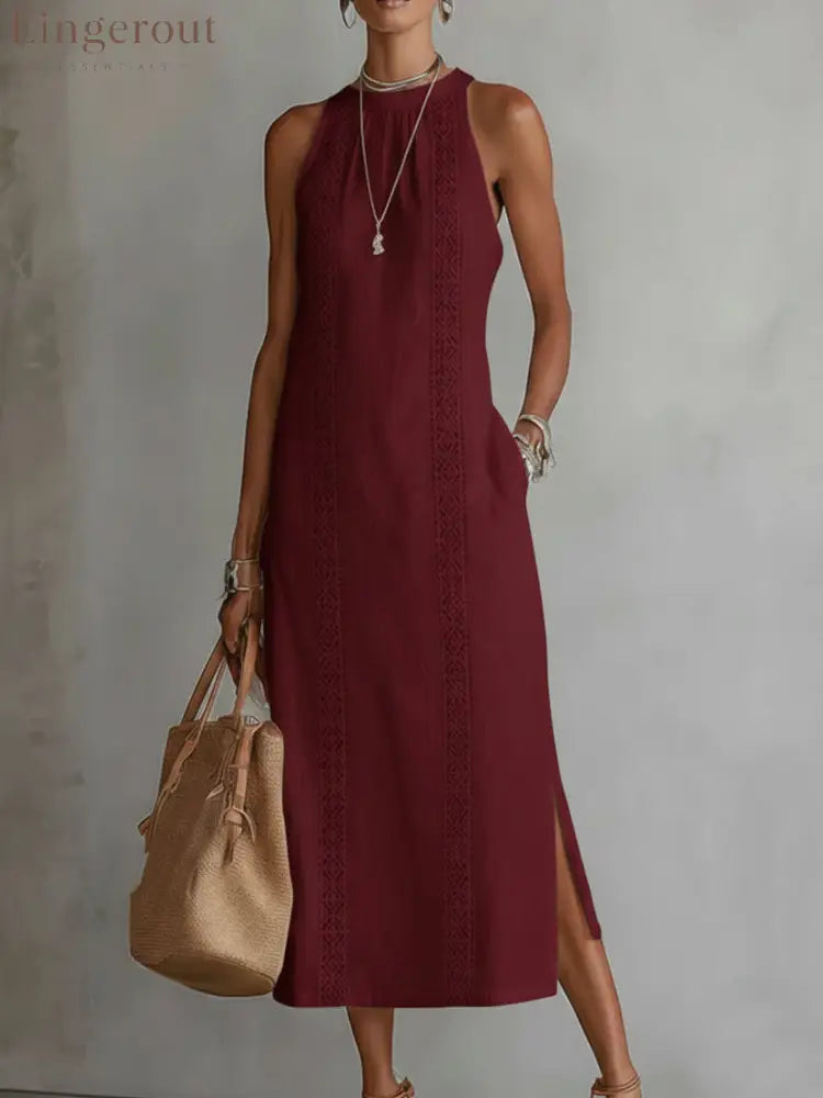 🌿 Retro Cozy Lace Minimalist Linen Dress - Burgundy / S
