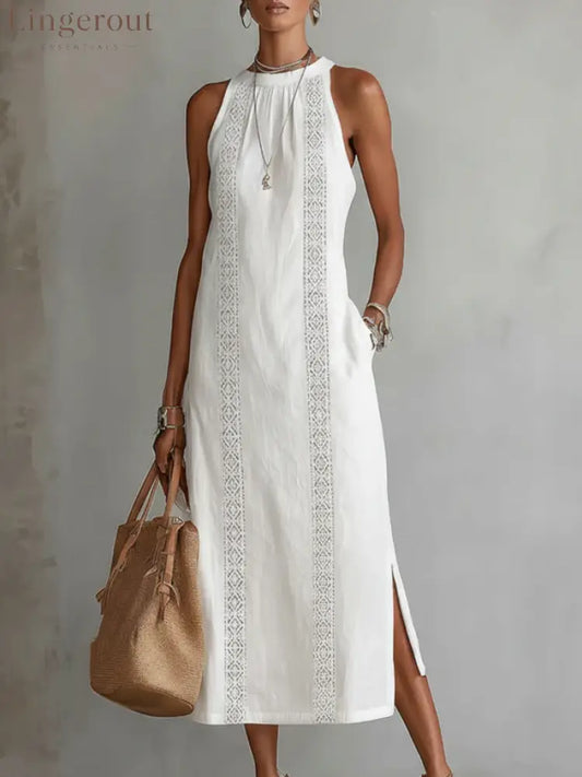 🌿 Retro Cozy Lace Minimalist Linen Dress - White / S