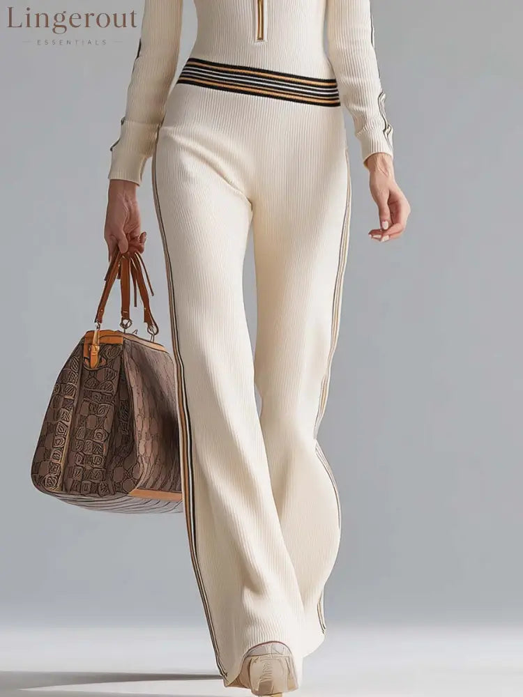 Retro Fashion Sports Hooded V-neck Front Zipper Off-white Knitted Jumpsuit