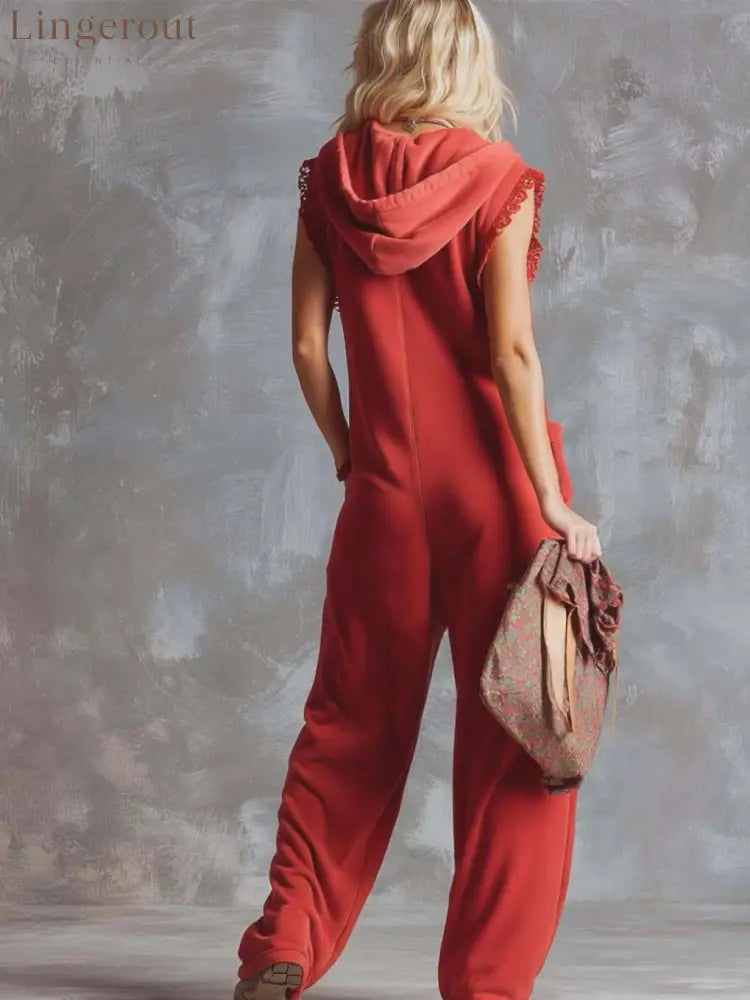 Retro Fashiona Sporty Hooded V-neck Front Zipper Raspberry Red Cotton Jumpsuit