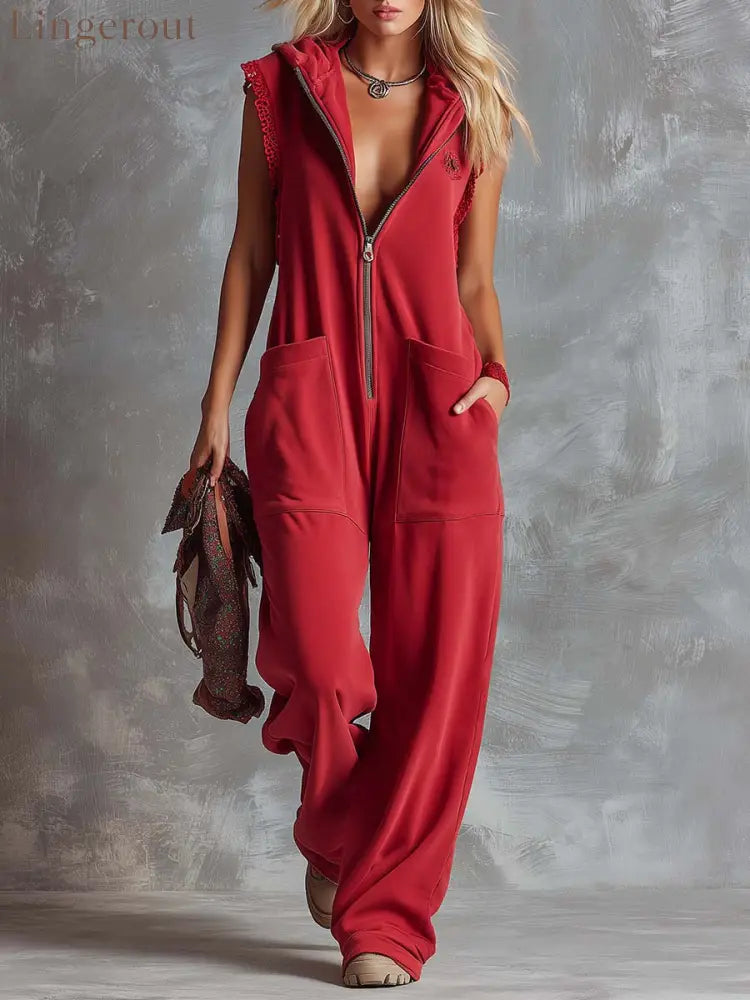 Retro Fashiona Sporty Hooded V-neck Front Zipper Raspberry Red Cotton Jumpsuit - Raspberry Red / XS