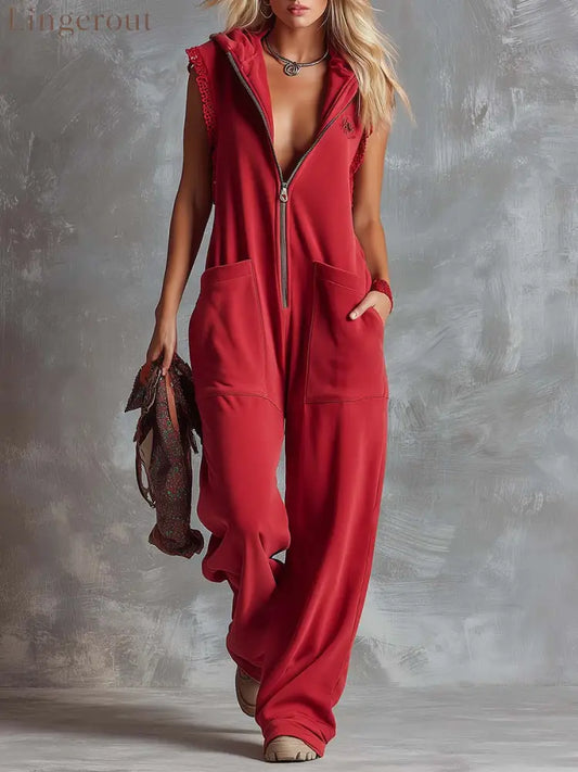 Retro Fashiona Sporty Hooded V-neck Front Zipper Raspberry Red Cotton Jumpsuit - Raspberry Red / XS
