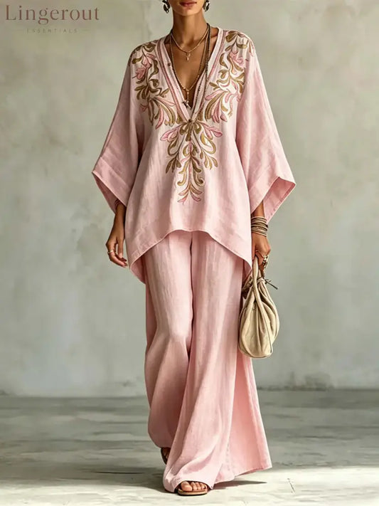 Retro Floral Print Cotton-linen Two-piece Set - Pink / S