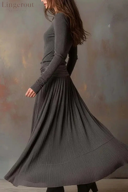 Retro Grey Ribbed Stretch Slim-Fit Set - Skirt Sets
