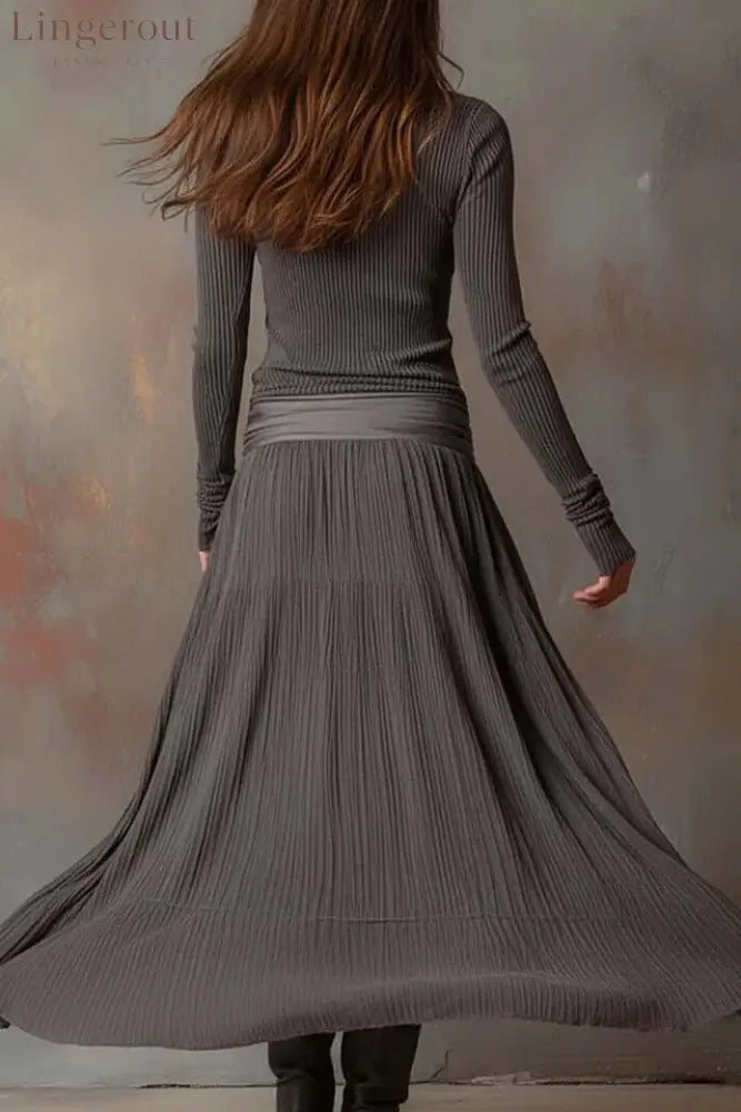 Retro Grey Ribbed Stretch Slim-Fit Set - Skirt Sets
