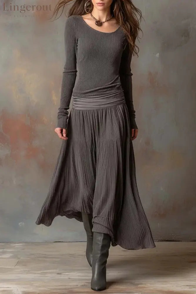 Retro Grey Ribbed Stretch Slim-Fit Set - Grey / XS - Skirt Sets