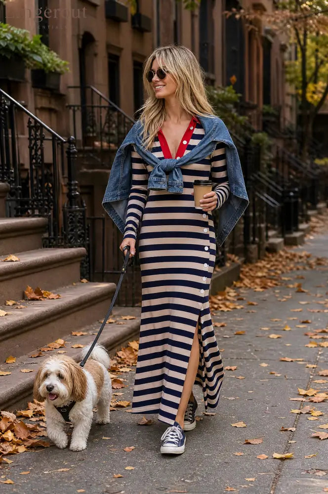 Retro Nautical Navy Striped Polo Collar Long-Sleeve Slit Maxi Dress