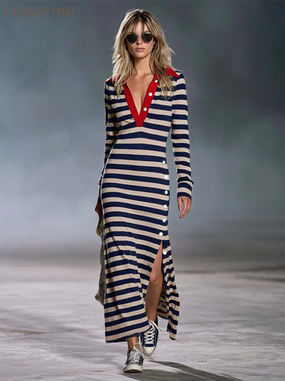 Retro Nautical Navy Striped Polo Collar Long-Sleeve Slit Maxi Dress