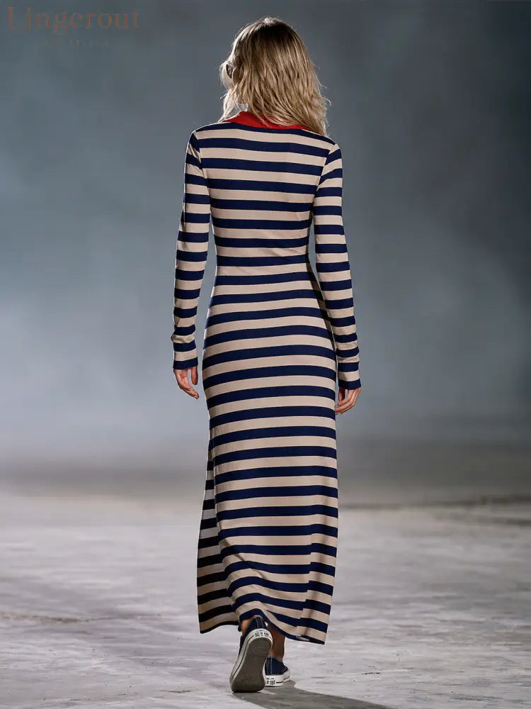 Retro Nautical Navy Striped Polo Collar Long-Sleeve Slit Maxi Dress