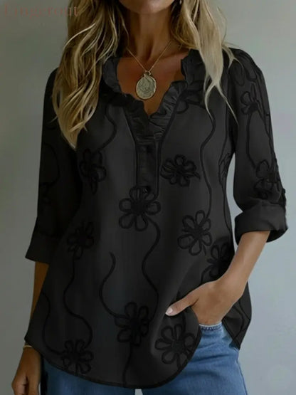 Retro Romantic Ruffled Collar Floral Shirt - Black / S