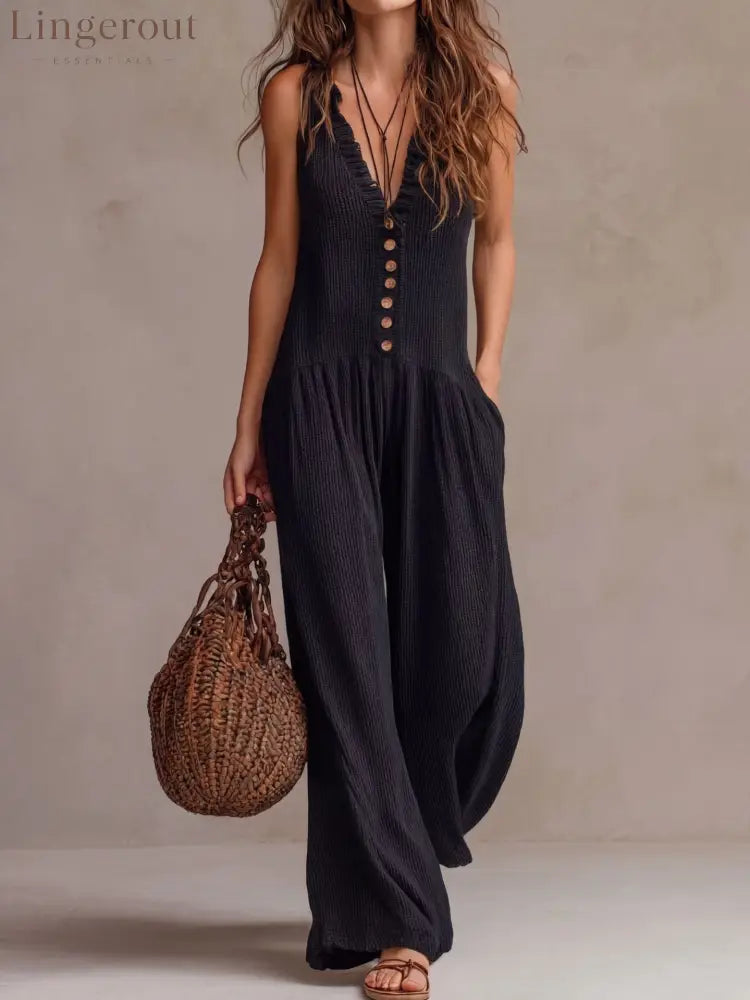 Retro Ruffle Neck Knitted Jumpsuit - Black / S