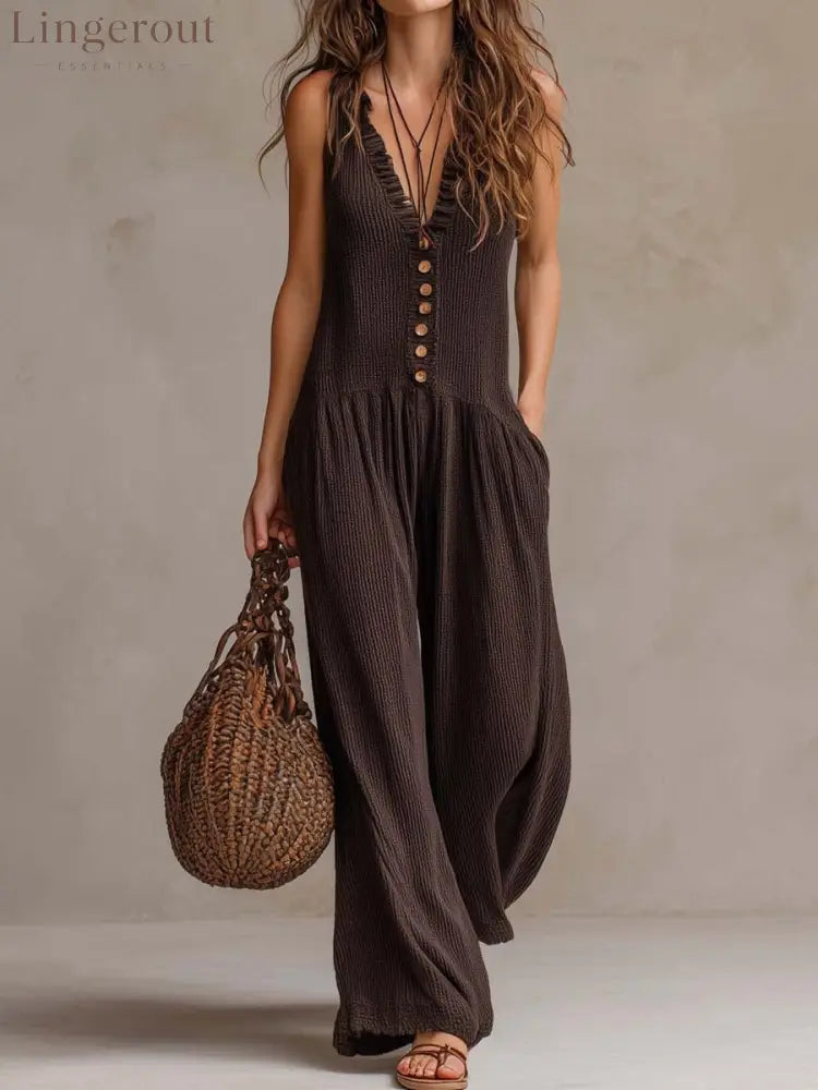 Retro Ruffle Neck Knitted Jumpsuit - Brown / S