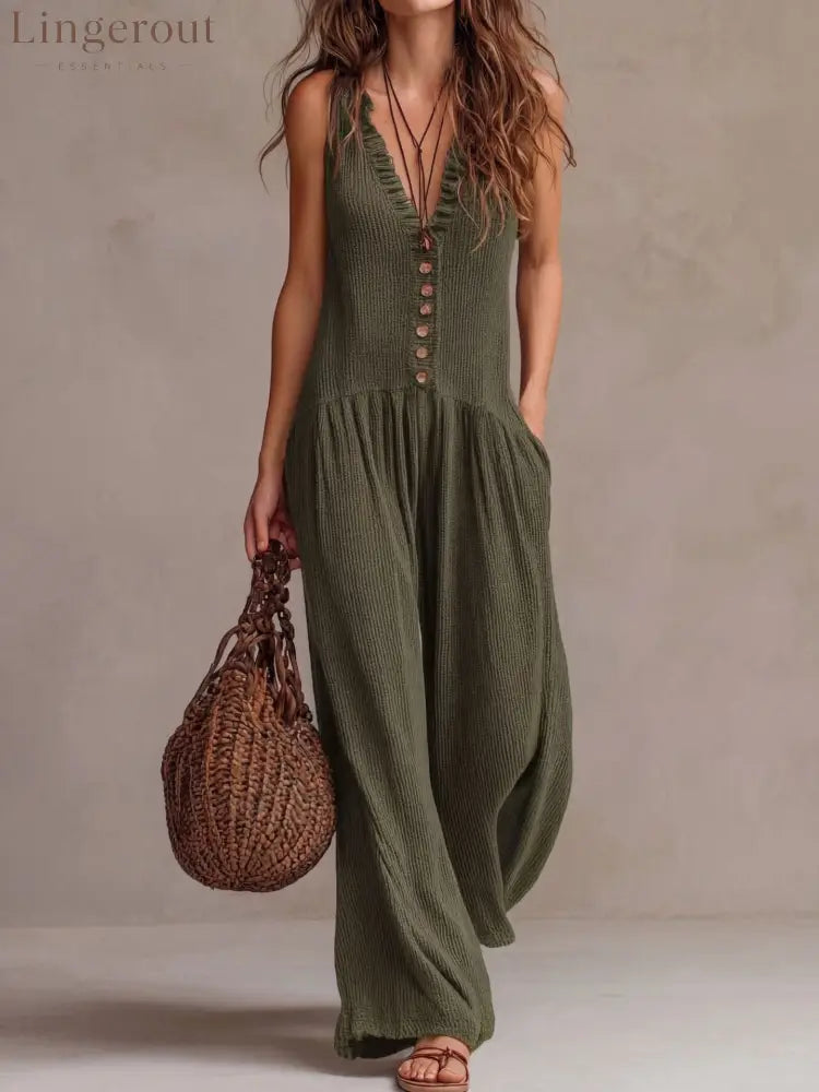 Retro Ruffle Neck Knitted Jumpsuit - Green / S