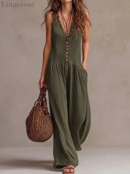 Retro Ruffle Neck Knitted Jumpsuit - Green / S