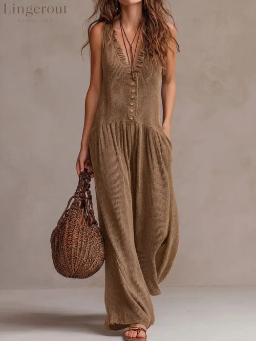 Retro Ruffle Neck Knitted Jumpsuit - Khaki / S