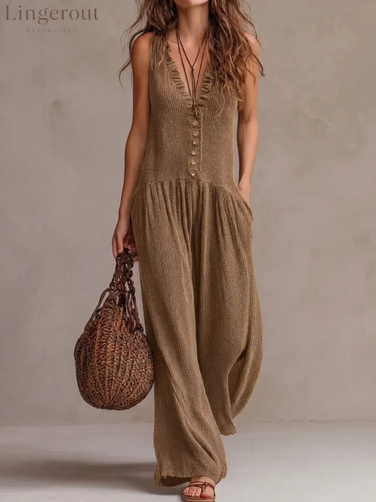 Retro Ruffle Neck Knitted Jumpsuit - Khaki / S