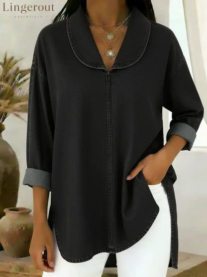 Retro Shawl Collar Denim Cotton Top - Black / S